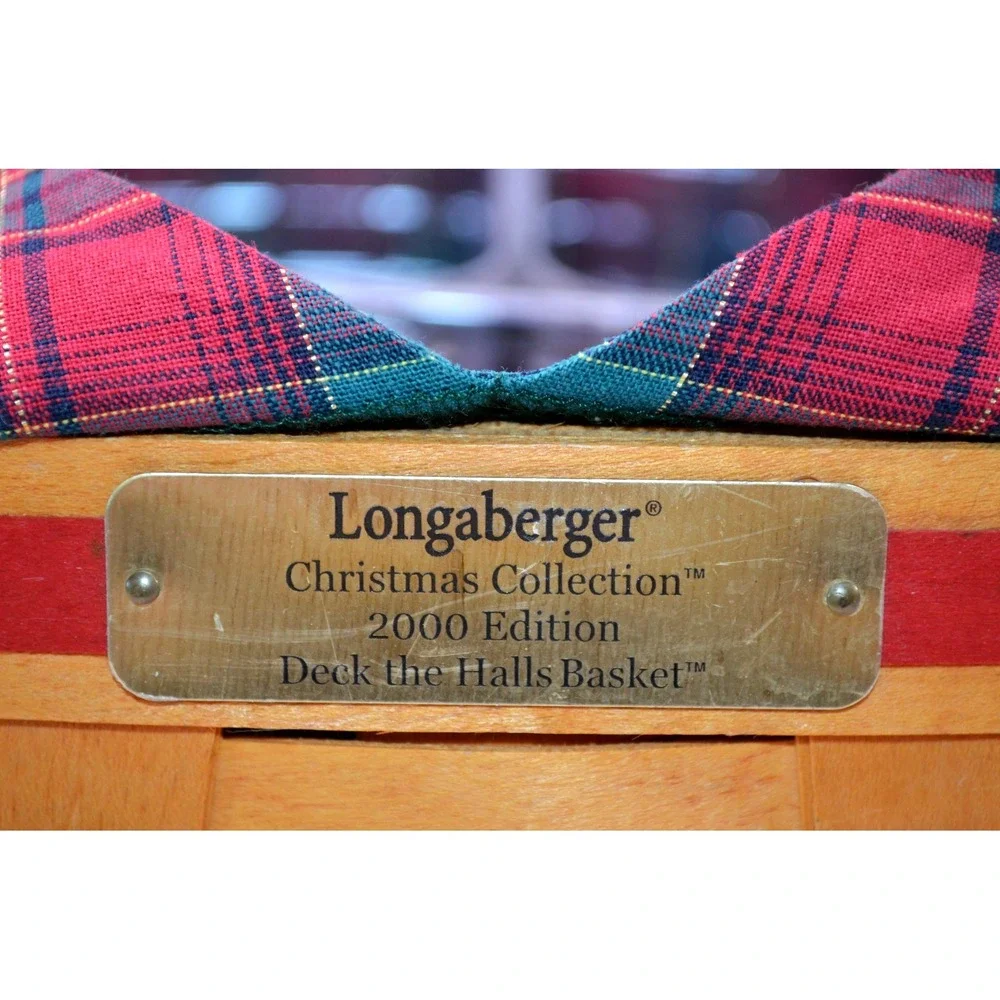 2000 Longaberger Christmas Deck The Halls Basket Plaid Liner 2 Plastic Inserts